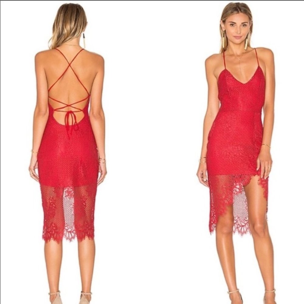 Lovers and Friends REVOLVE Red Lace Backless Midi Dress